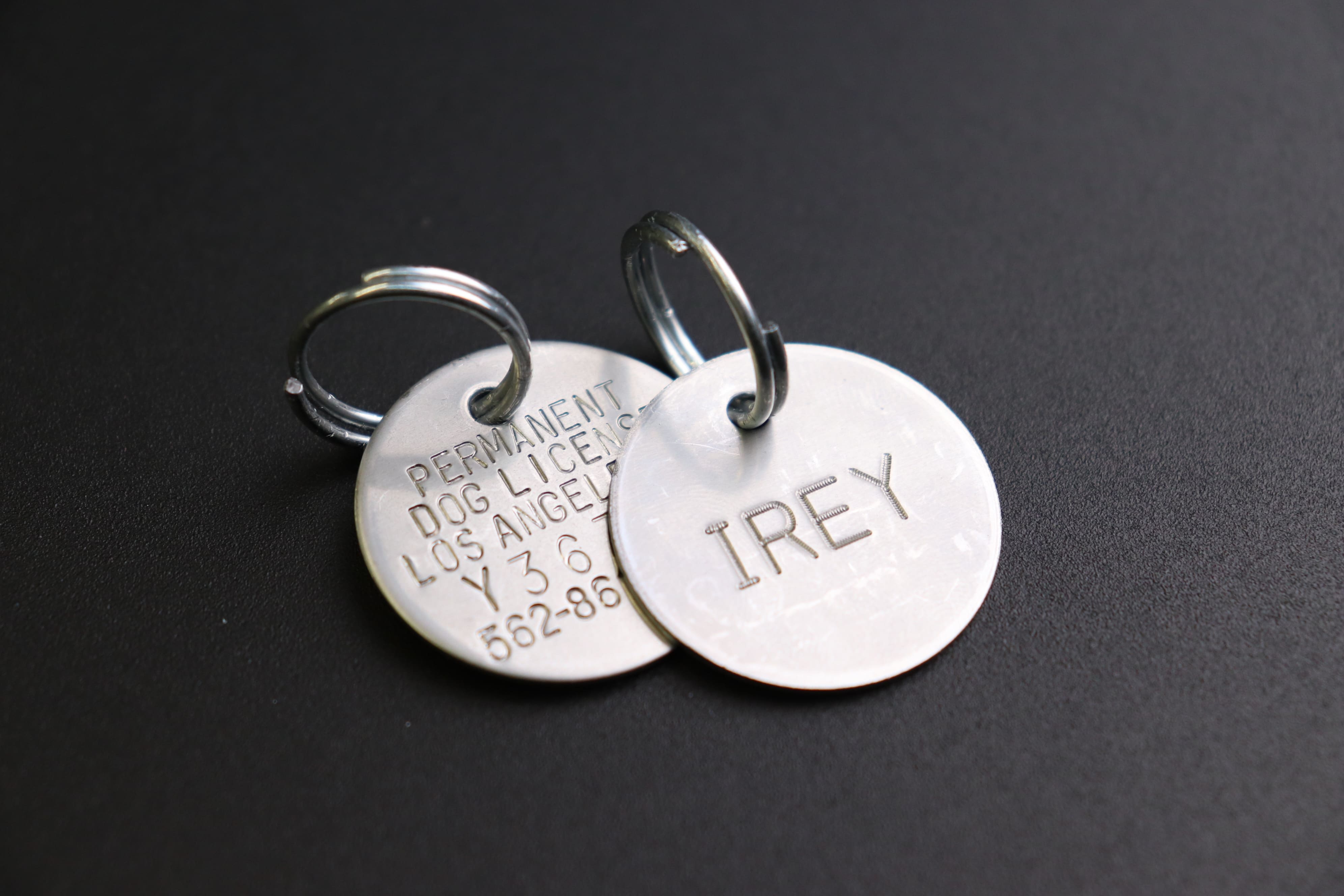 Image of two thin, round dog tags engraved with text and numbers 'IREY' for one and 'PERMANENT DOG LICENSE LOS ANGELS Y36 562-86' for the other.