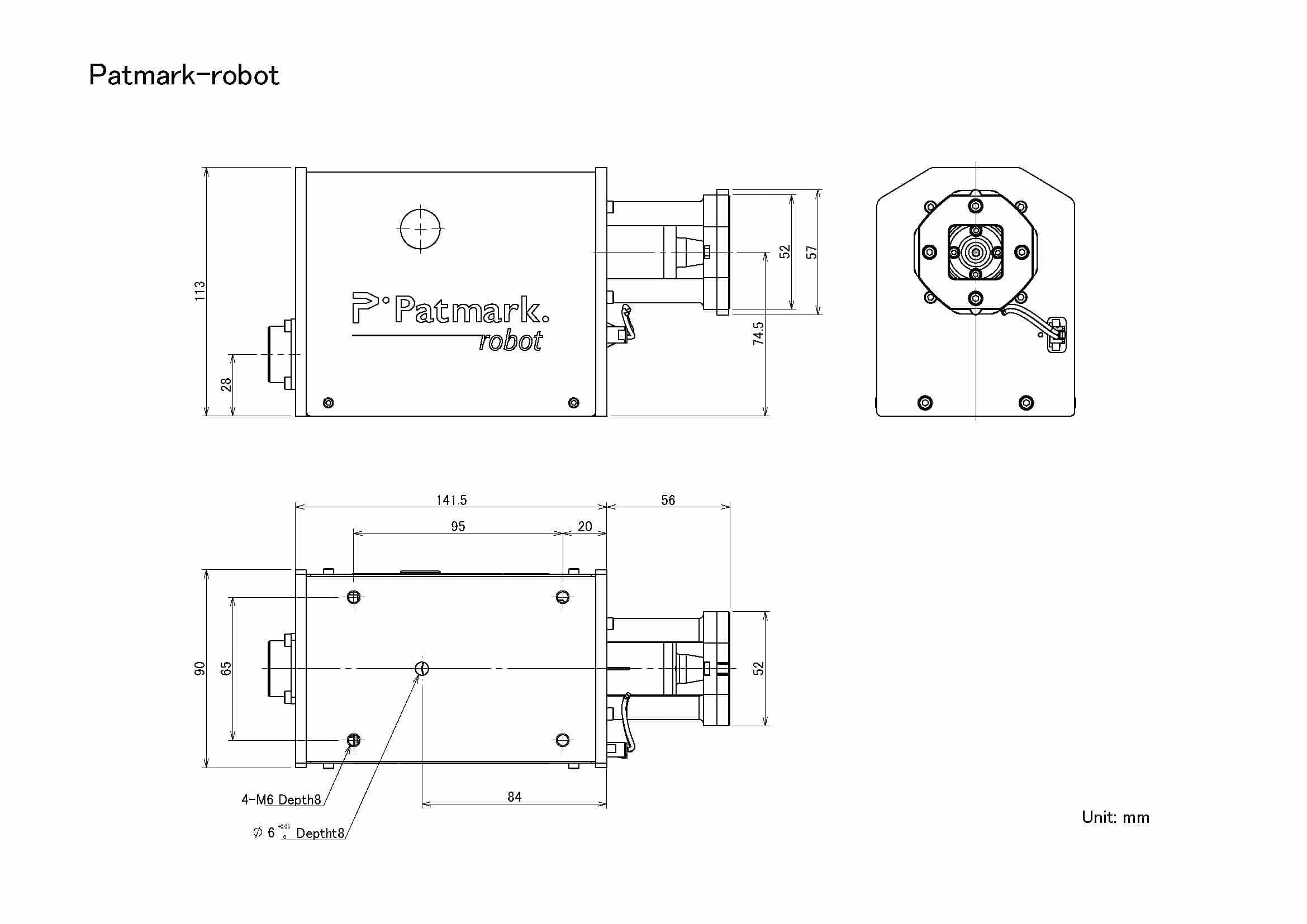 A dimensional drawing of the connection between the side with the engraving 'P Patmark robot' on the main body of the Patmark robot and the robot arm.