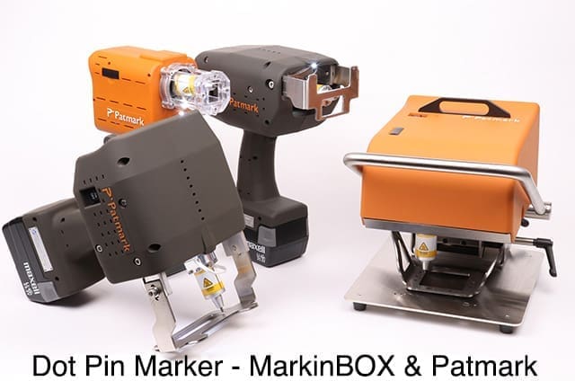 Patmark-mini, Patmark, Patmark-plus, Patmark-desktop, these 4 items are placed side by side on a white background with the sentence reading 'Dot Pin Marker - MarkinBOX & Patmark'. 